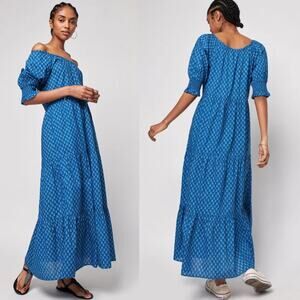 Faherty Willow Indigo Gobi Floral Organic Cotton Tiered Bohemian Dress SMALL NWT